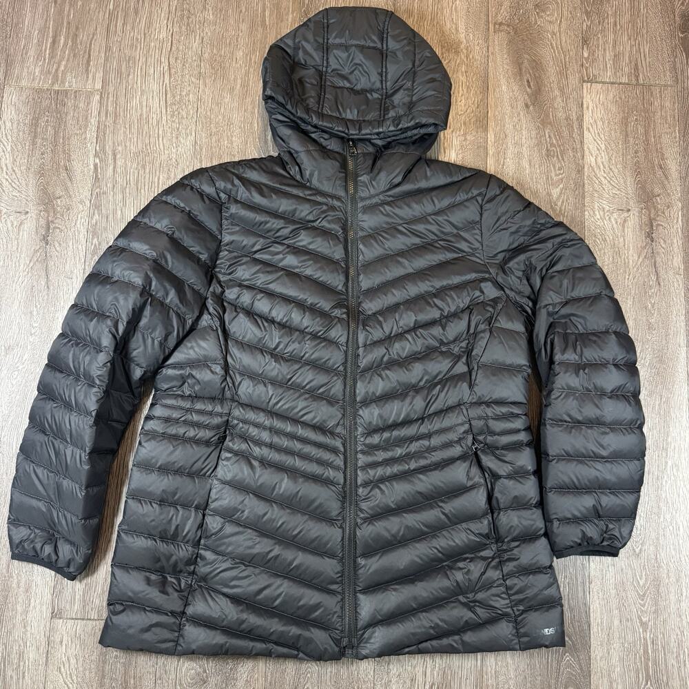 Lands End Down Puffer Jacket Women XL Black Wanderweight Packable Hood